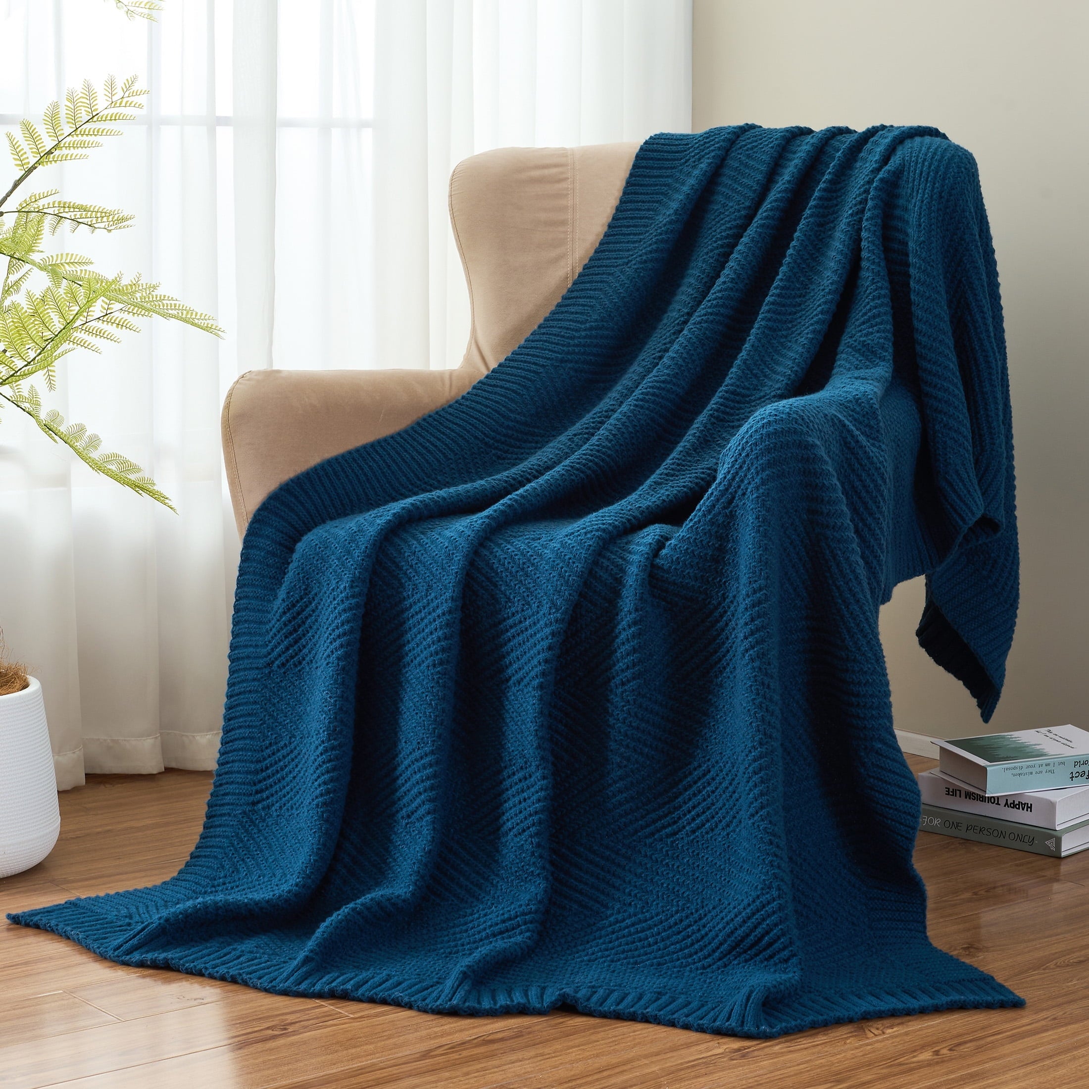 Super Soft Flannel Soft Knitted Throw Blanket 50" x 60" Navy Blue, Boho Chevron Farmhouse Throw for Bed Couch - Luxury Knitted Decorative Throw Blanket with Fringes Detail