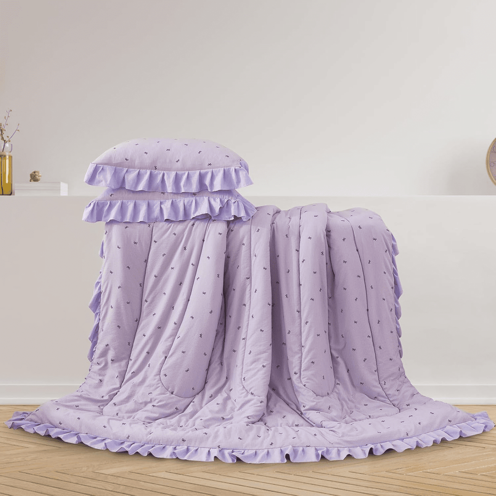 All-Season 6 Piece Delicate Bows Purple Bedding Set Ruffle Princess Style Comforter Set Bed in a Bag - All-Season Down Alternative Comforter Insert Detail