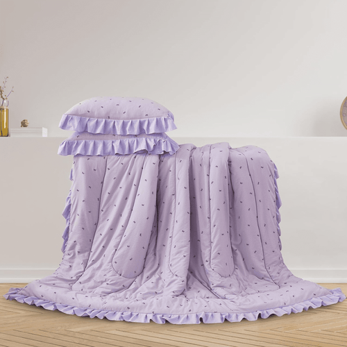 All-Season 6 Piece Delicate Bows Purple Bedding Set Ruffle Princess Style Comforter Set Bed in a Bag - All-Season Down Alternative Comforter Insert Detail