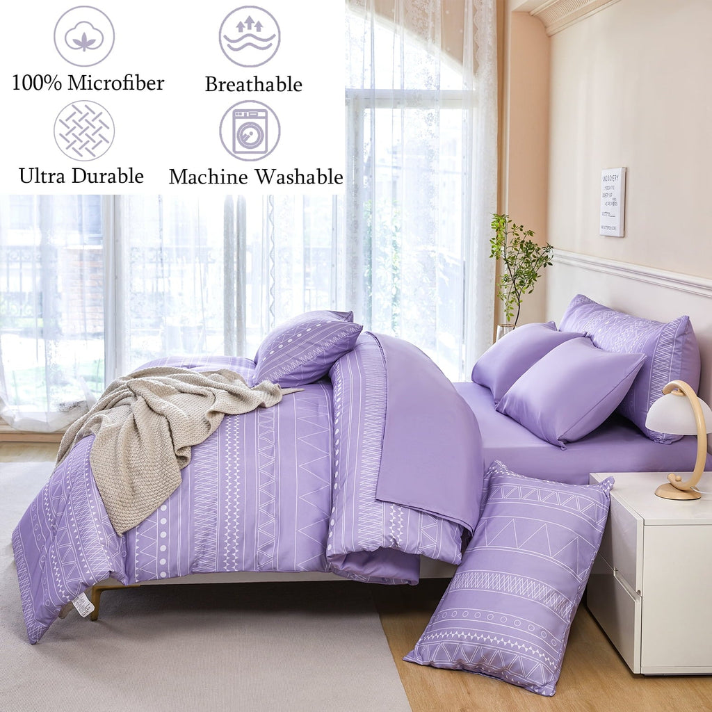 Fluffy Down Alternative 8-Pieces Boho Bedding Set Full Lavender Striped Bed in a Bag for Girls Women Soft Fluffy Purple Comforter Set with Sh... - Luxurious Quilted Duvet Cover Set Detail