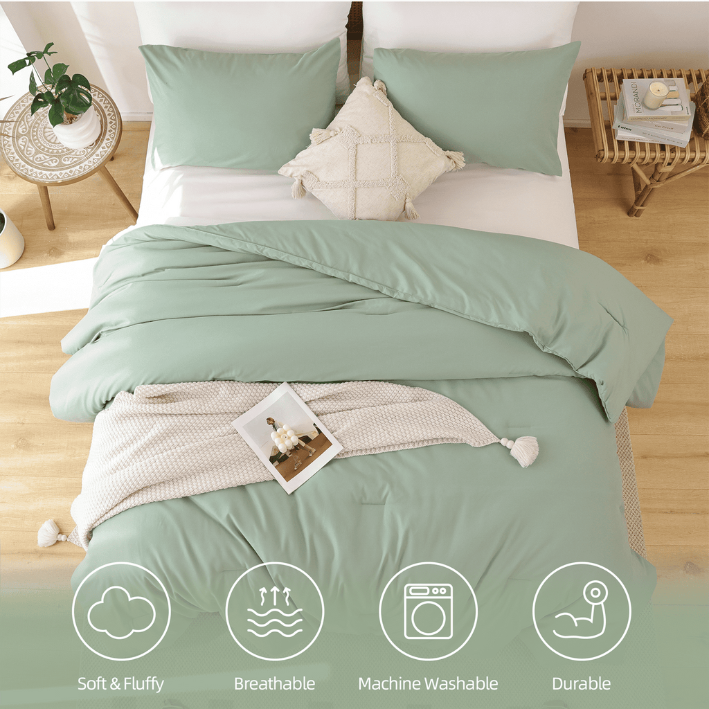 All-Season Queen Comforter Set For Adult, 3 Piece Sage Green Comforter Sets & Bedding For All Season - All-Season Down Alternative Comforter Insert Detail
