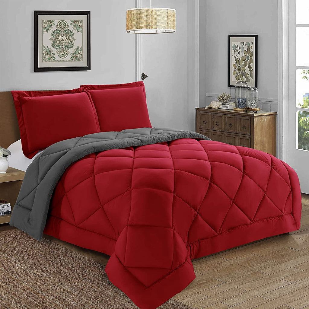 Hypoallergenic Cloud Reversible 3pc Comforter Set- Available In A Few Sizes And Colors , Full/Queen, Red/Gray - All-Season Down Alternative Comforter Insert Detail