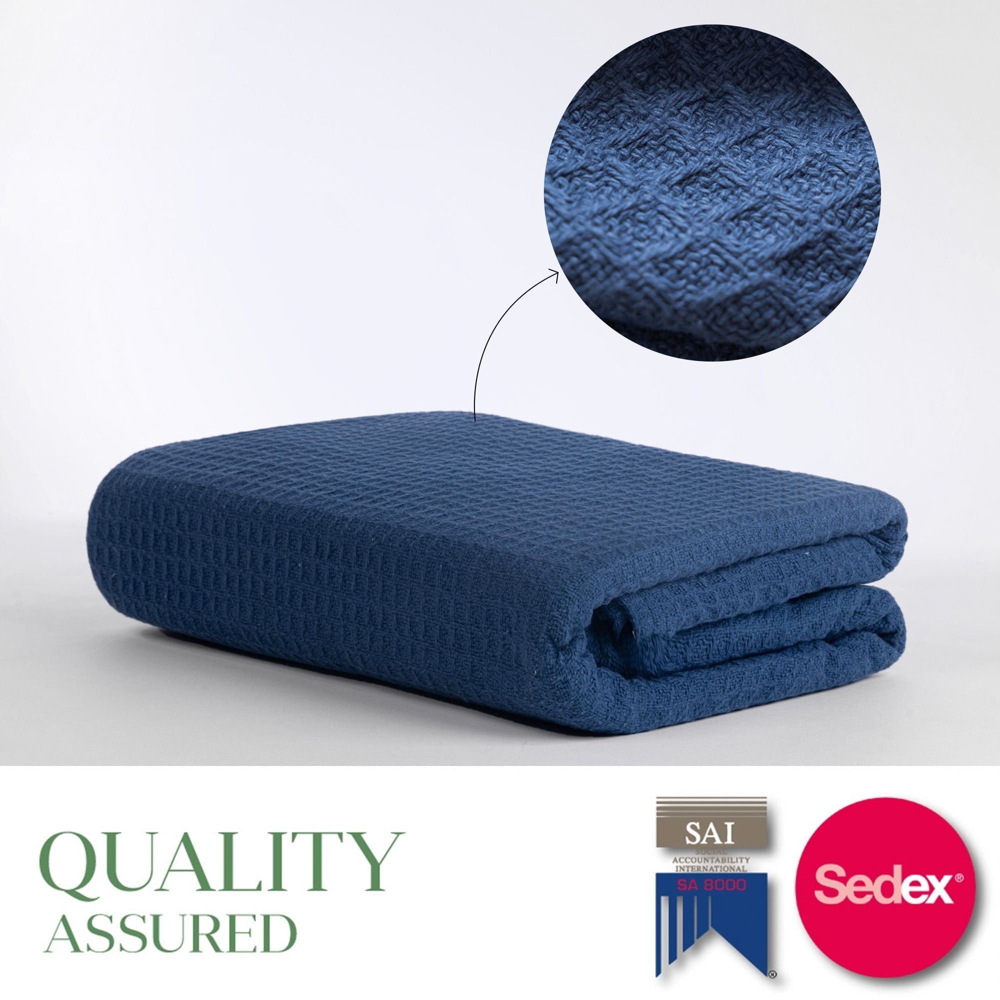 Reversible Sherpa Twin Waffle Throw Blanket for Couch (68" x 92"), 100% Cotton Throw Blankets for Bed, Waffle Blanket for Bed (Navy) - Cozy Fleece Throw Blanket for Couch & Bed Detail