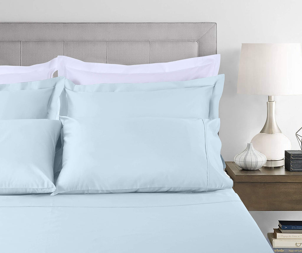 Cooling Sateen 100% Cotton King Bed Sheets Set - 4-Piece, 300 Thread Count, Lightweight Sateen, Light Blue - Breathable Egyptian Cotton Flat & Fitted Sheets Detail