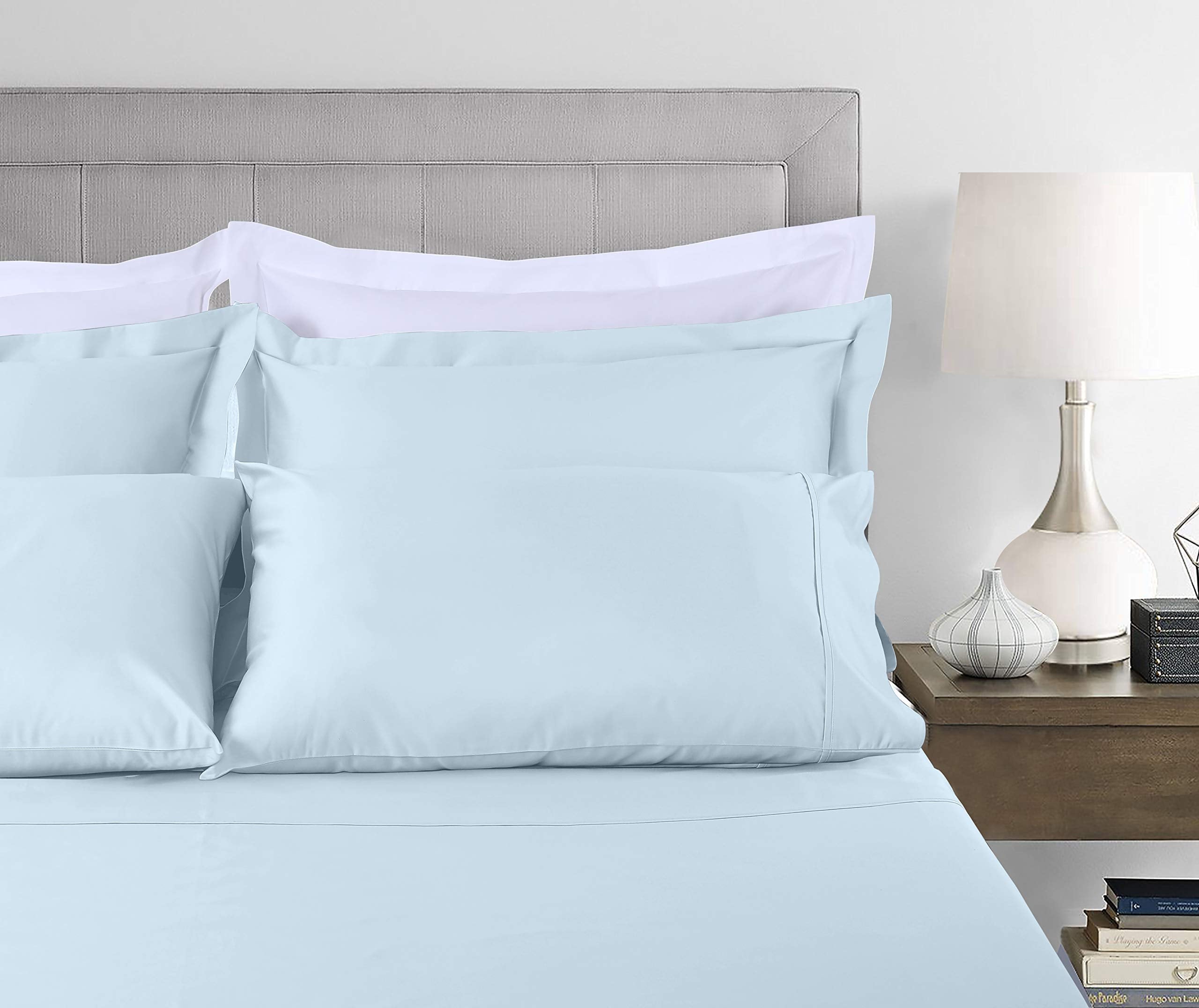 Cooling Sateen 100% Cotton King Bed Sheets Set - 4-Piece, 300 Thread Count, Lightweight Sateen, Light Blue - Breathable Egyptian Cotton Flat & Fitted Sheets Detail