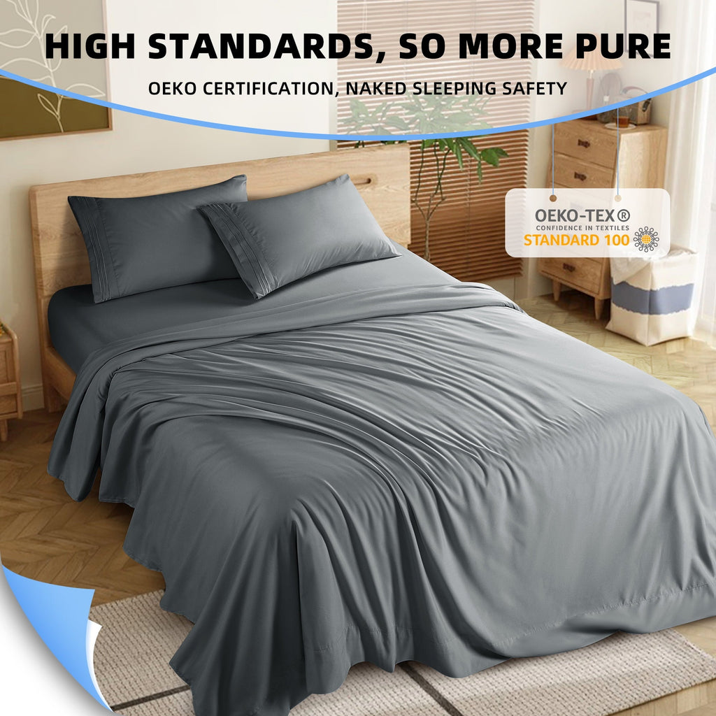 Breathable Luxury Shilucheng 4 Pieces Luxury Bed Sheets Set, Plush Microfiber Bed Sheets, 16" Deep Pocket, Queen, Dark Gray - Breathable Egyptian Cotton Flat & Fitted Sheets Detail
