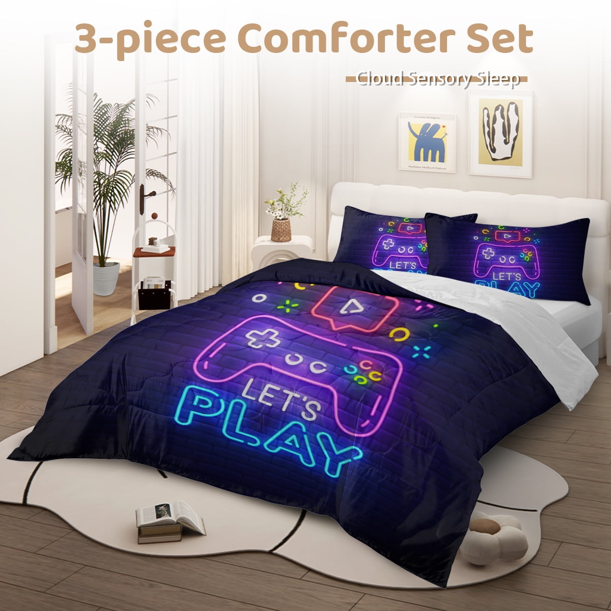 Fluffy Down Alternative Gaming Comforter Set for Boys, 3-Piece Abstract Neon Kids Bedding Sets Twin Size - Cloud-Like Soft Lightweight Bed Comforter Detail