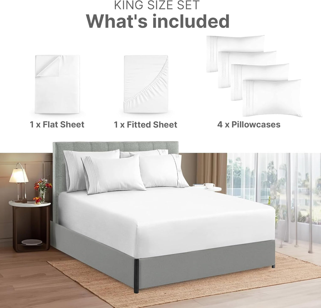 Wrinkle-Resistant 6-Piece Extra Deep Pocket Sheet Set With Extra Matching Pillowcases - King Size Bed Sheets Fits 18"-24" Ma... - Premium Ultra-Soft Pillowcase Pair for Sleeping Detail