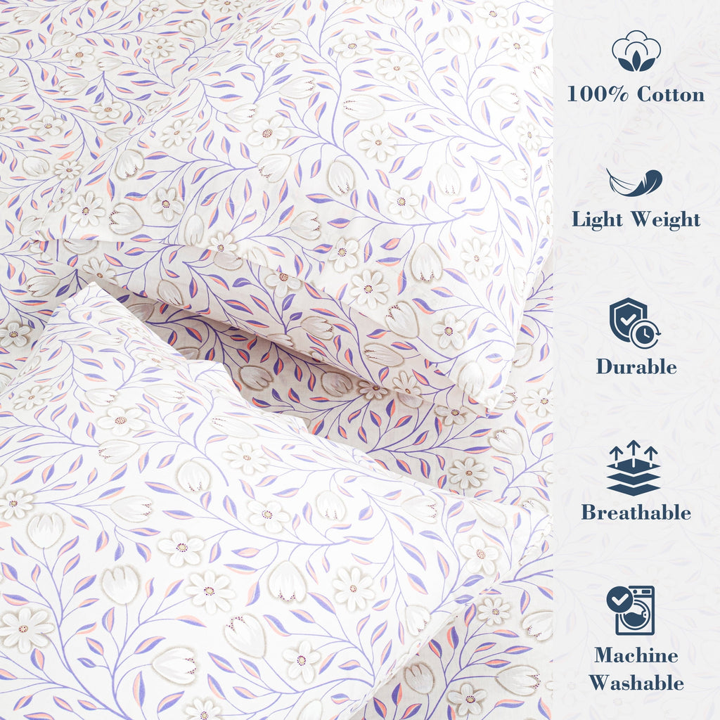 Premium Egyptian Cotton 100% Cotton Full Size Sheets,4 Piece Pure Percale Bed Sheets Set Deep Pocket Fits Mattress Upto 15",floral vine pattern - Premium Ultra-Soft Pillowcase Pair for Sleeping Detail