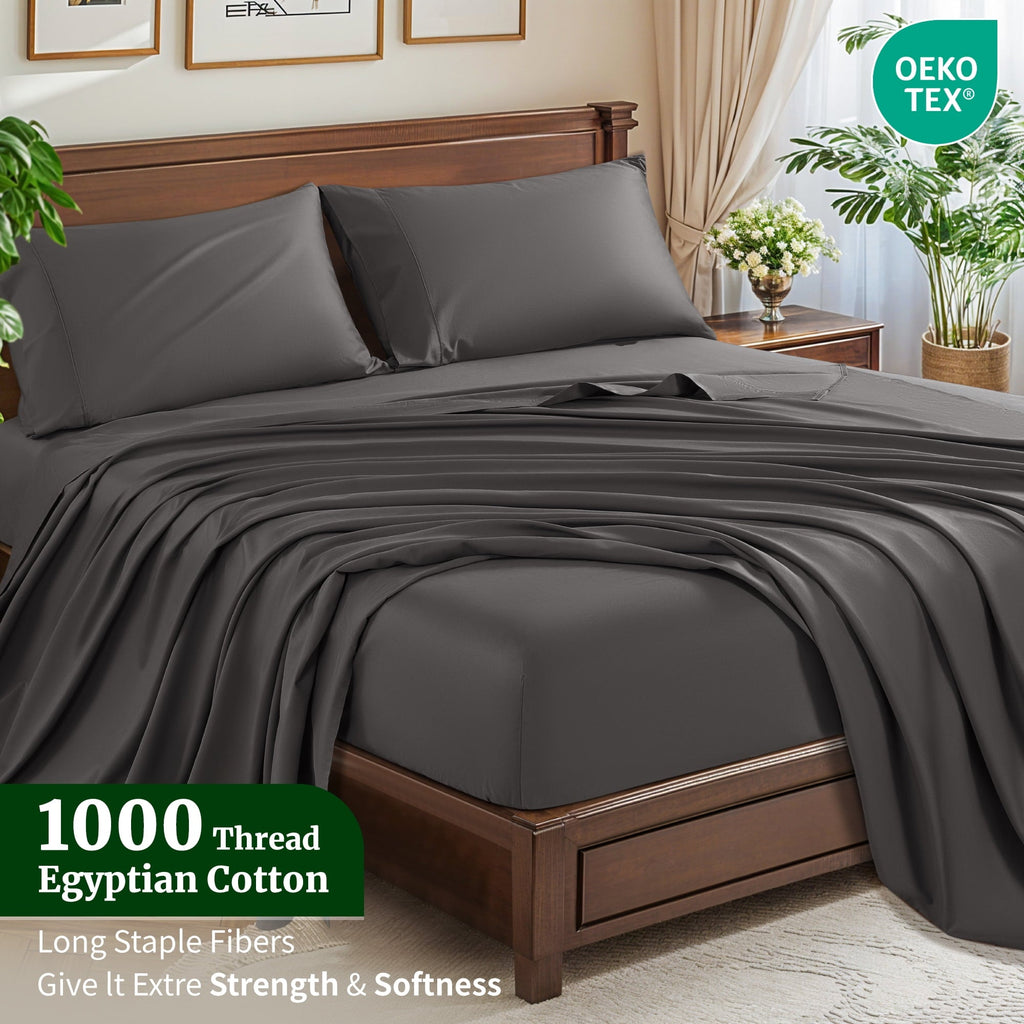 Premium Egyptian Cotton 100% Cotton Bed Sheets Set, 1000 Thread Count 4 Piece Luxury Soft Sheets Set with 16" Deep Pocket, Queen, Dark Gray - Breathable Egyptian Cotton Flat & Fitted Sheets Detail