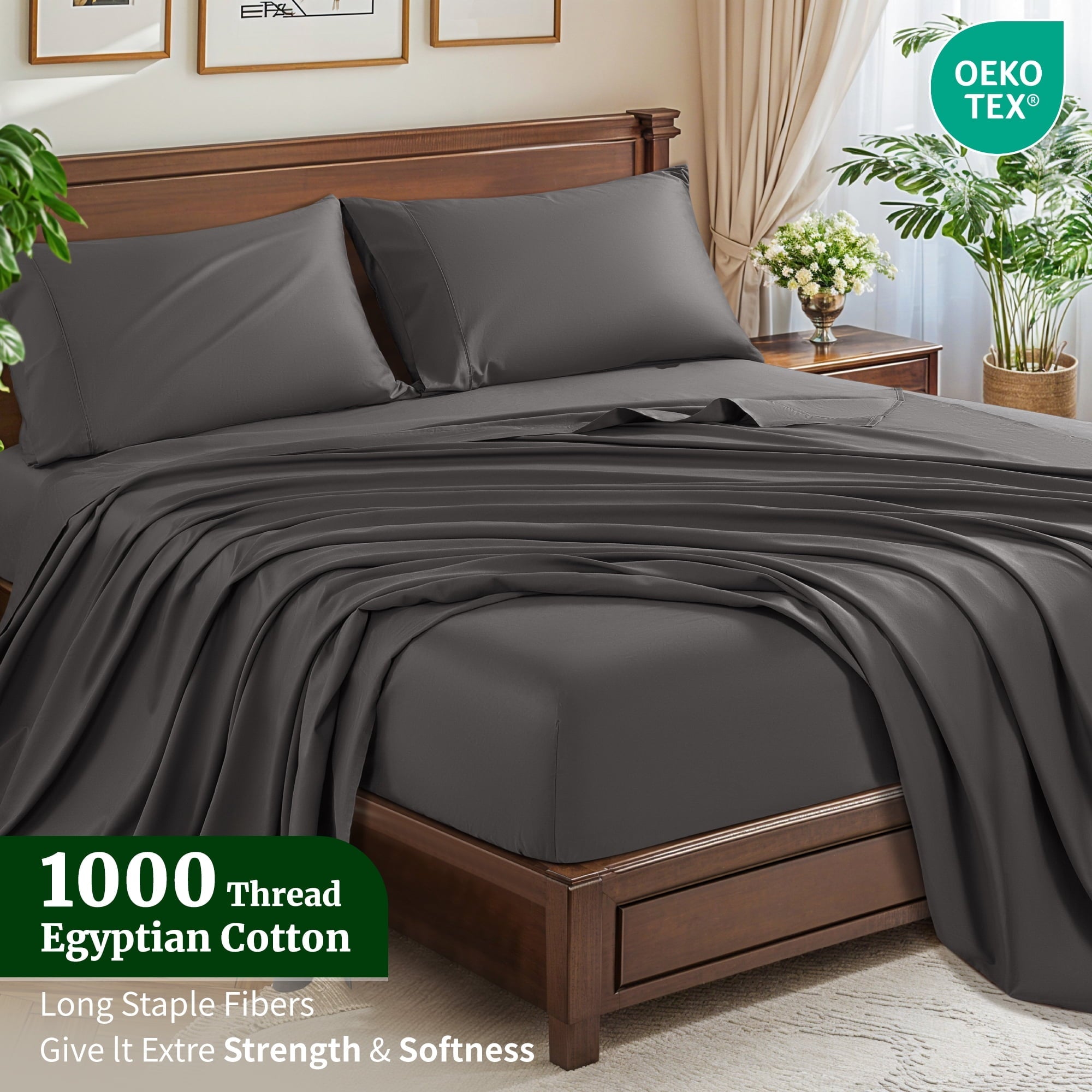 Premium Egyptian Cotton 100% Cotton Bed Sheets Set, 1000 Thread Count 4 Piece Luxury Soft Sheets Set with 16" Deep Pocket, Queen, Dark Gray - Breathable Egyptian Cotton Flat & Fitted Sheets Detail