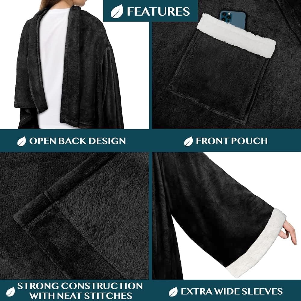Decorative Knitted Fleece Blanket with Sleeves for Women Men Adults, Wearable Blanket Warm Soft Plush, Snuggle Pocket Sleeved TV Throw W... - Cozy Fleece Throw Blanket for Couch & Bed Detail
