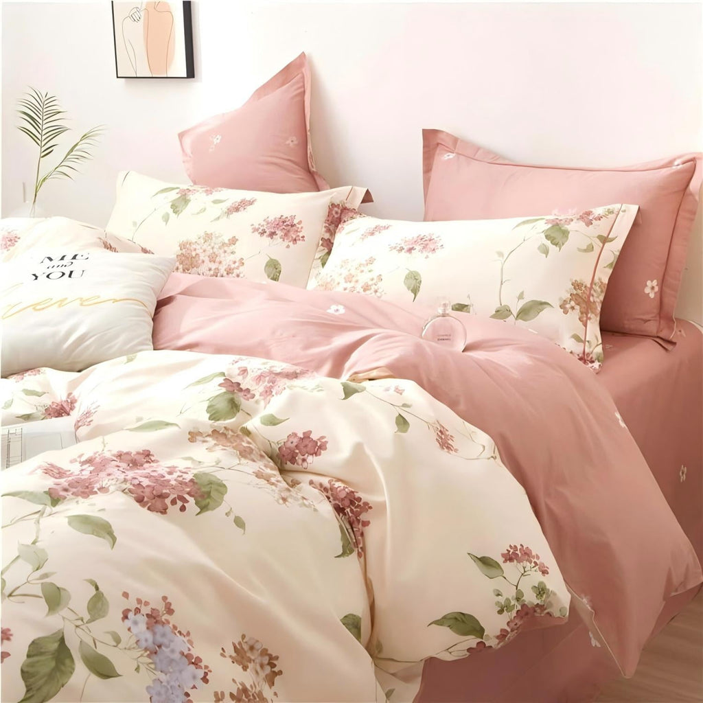 Luxurious Quilted White with Pink Flowers King Comforter Sets, 3 Pieces Chic Garden Style Reversible Bedding Sets for Adults All Season - Cloud-Like Soft Lightweight Bed Comforter Detail