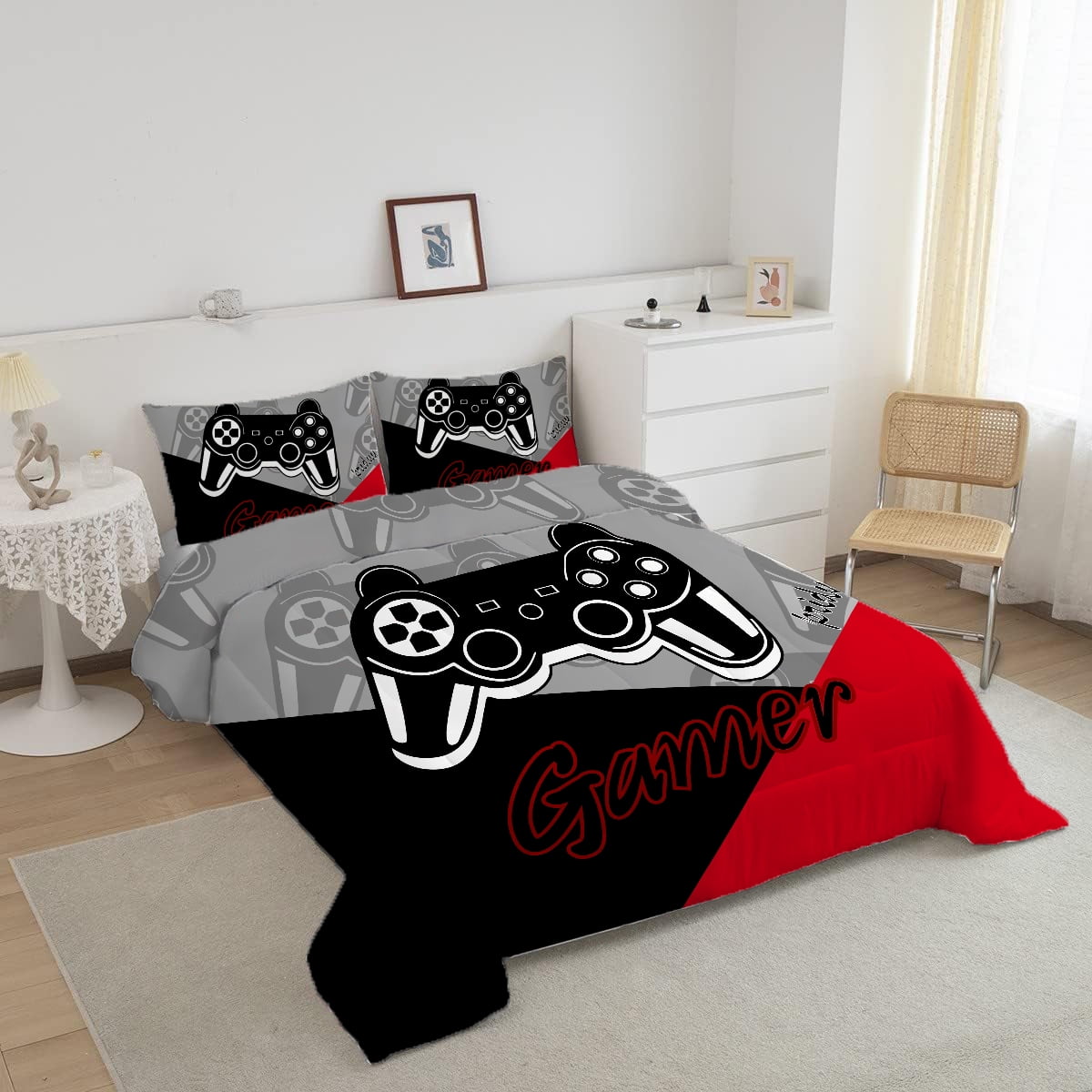 Heavyweight Warmth Gaming Comforter for Kids Boys Teens Video Game Bedding Set Gamer Comforter Gamepad Comforter Set Full Size Red Black... - All-Season Down Alternative Comforter Insert Detail