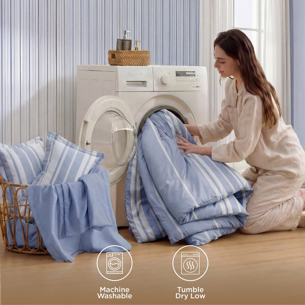 Heavyweight Warmth Queen Comforter Set Blue, Bed in a Bag Queen Size Bedding 7-Pieces, Striped Bedding Set for All Seasons - All-Season Down Alternative Comforter Insert Detail