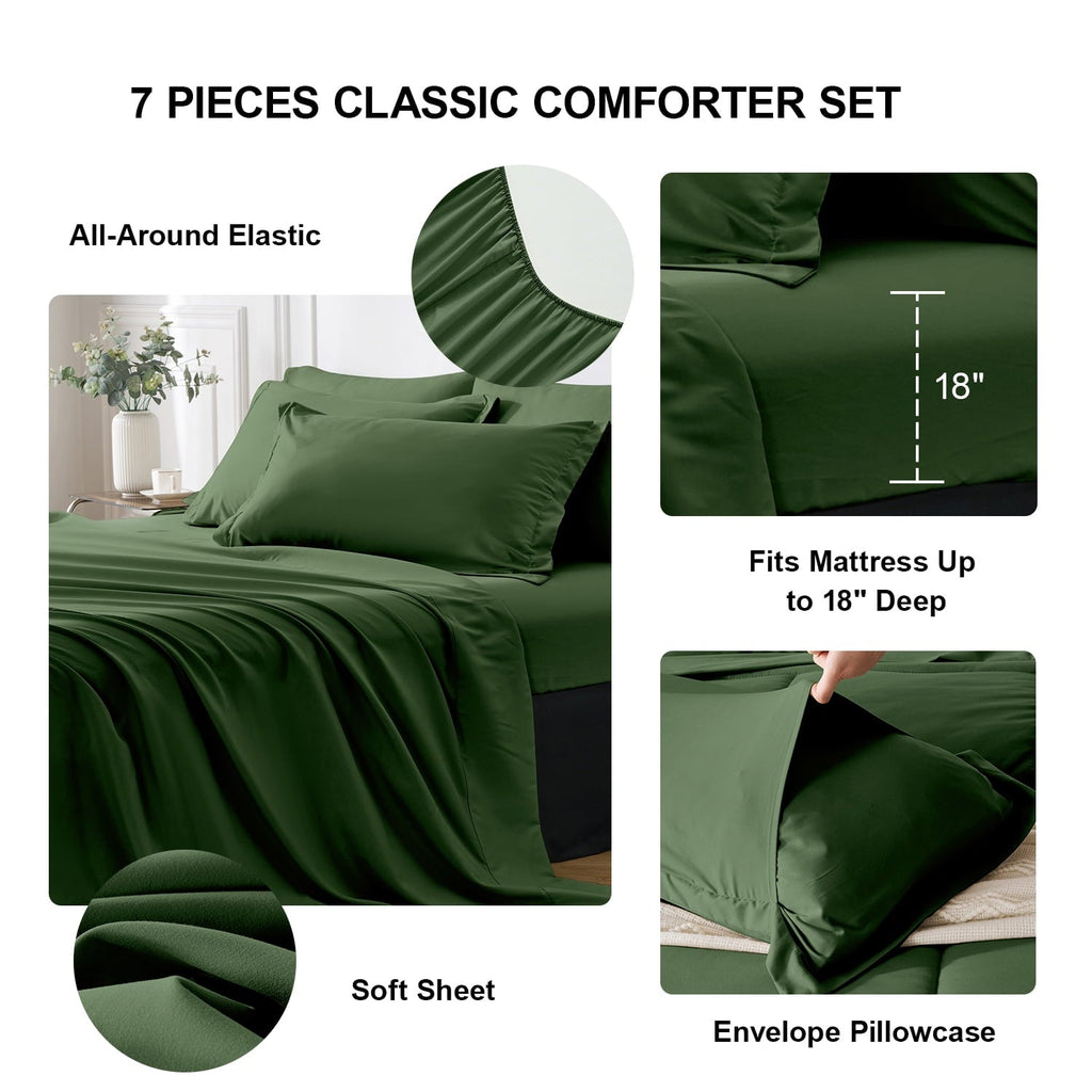 Heavyweight Warmth Queen Comforter Set Forest Green Bed in a Bag Queen Size 7 Pieces Soft Bed Set Lightweight Microfiber Green Bedding C... - Luxurious Quilted Duvet Cover Set Detail