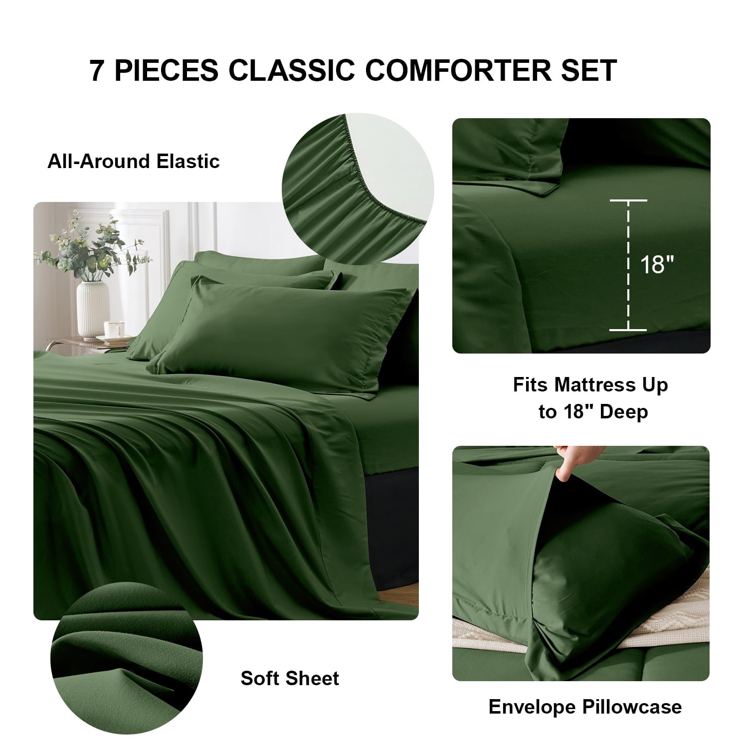 Heavyweight Warmth Queen Comforter Set Forest Green Bed in a Bag Queen Size 7 Pieces Soft Bed Set Lightweight Microfiber Green Bedding C... - Luxurious Quilted Duvet Cover Set Detail