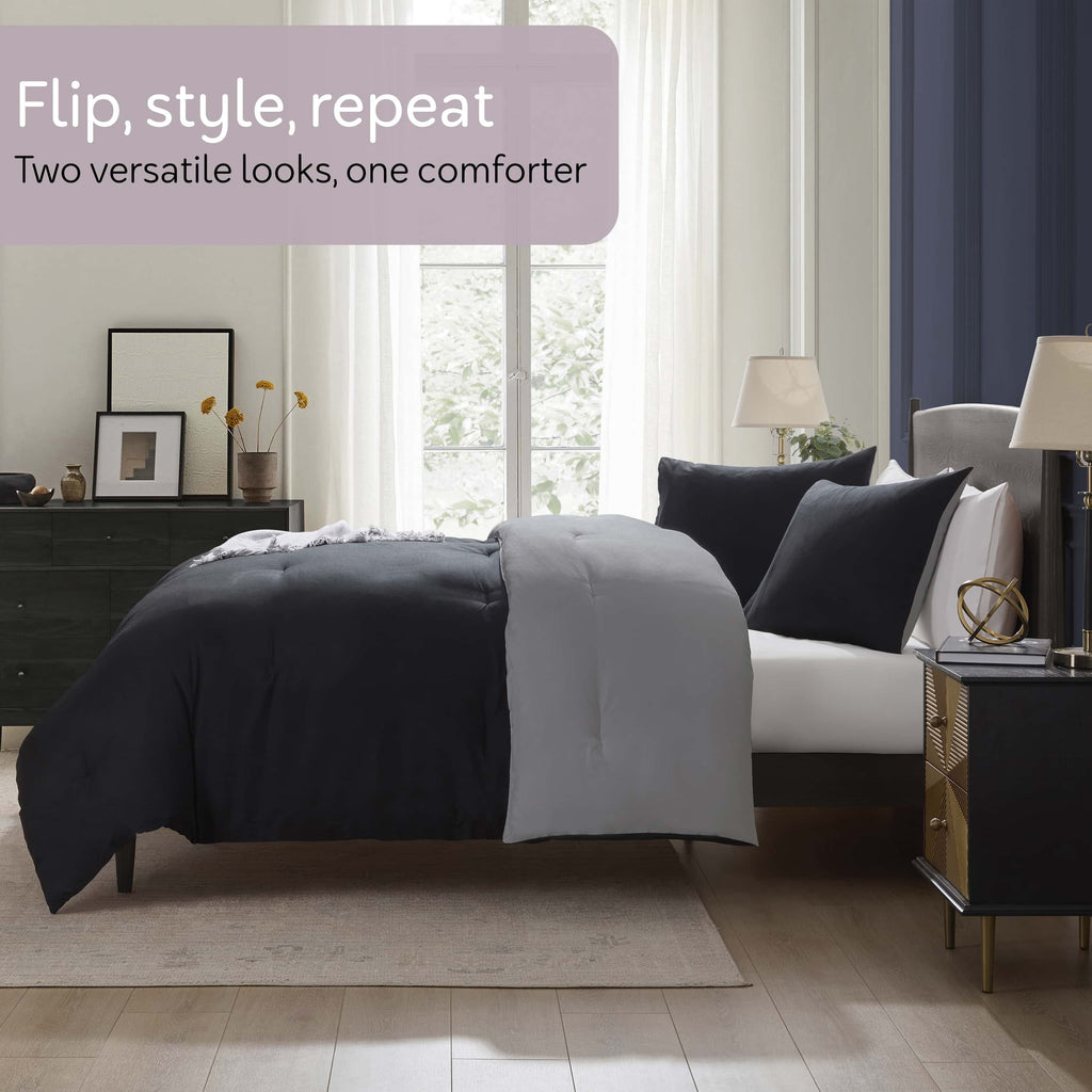 Luxurious Quilted Comforter Sets, All Season Lightweight Reversible Queen Comforter Set, 3-Pc Bedding Sets, Black/Charcoal gray - Cloud-Like Soft Lightweight Bed Comforter Detail