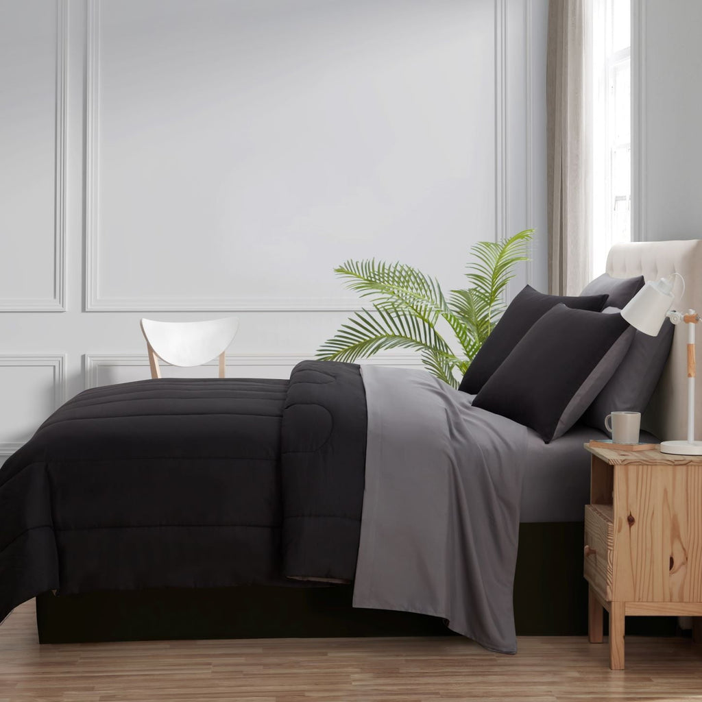 Fluffy Down Alternative 7 Piece Reversible Bed in a Bag Comforter Set with Sheets, Black, King - All-Season Down Alternative Comforter Insert Detail