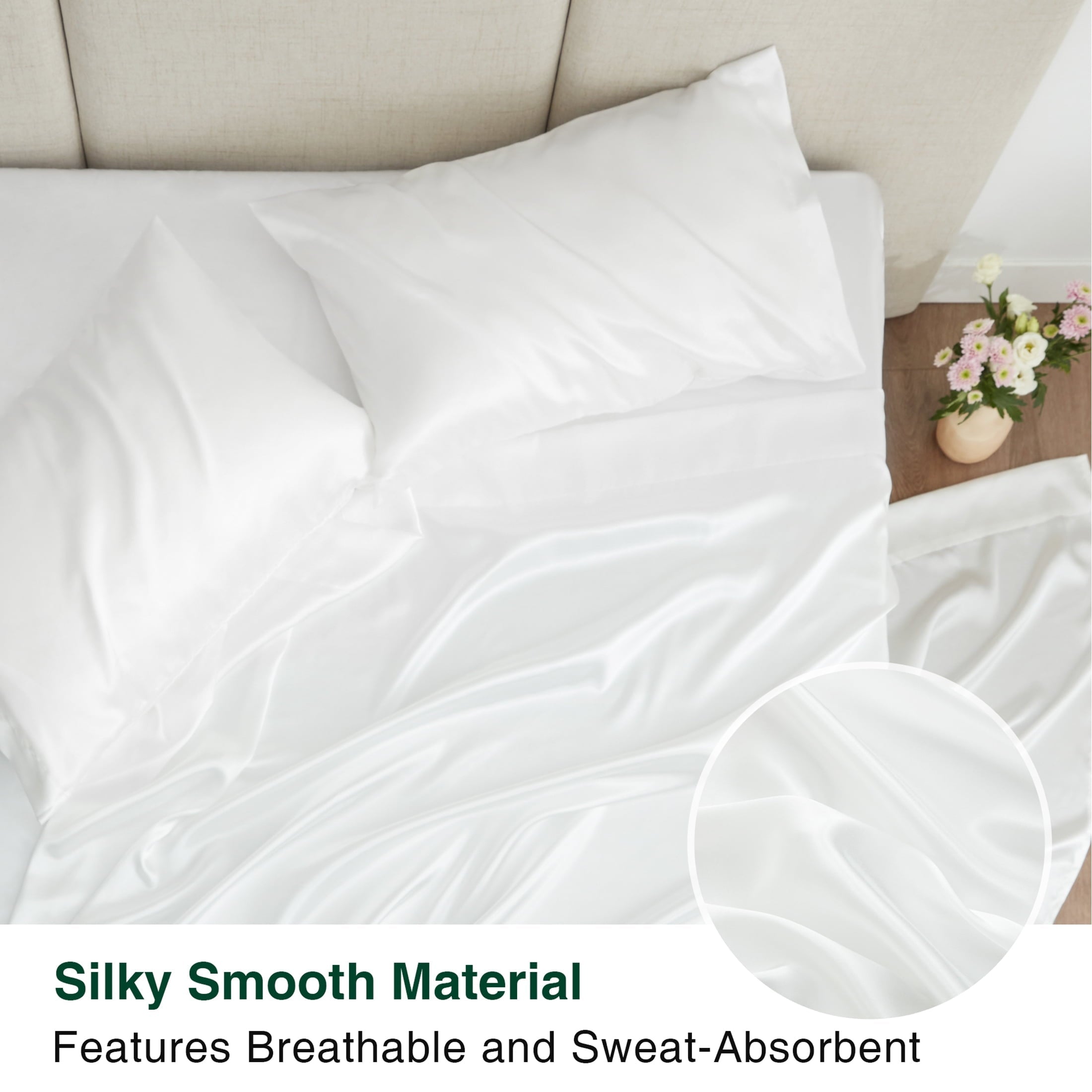 Cooling Sateen Satin Sheets Full Sheet Set Deep Pocket Luxury Silky Bed Sheets for Hair and Skin 4 Pieces, White - Cooling Hotel Quality Bedding Sheets and Pillowcases Detail
