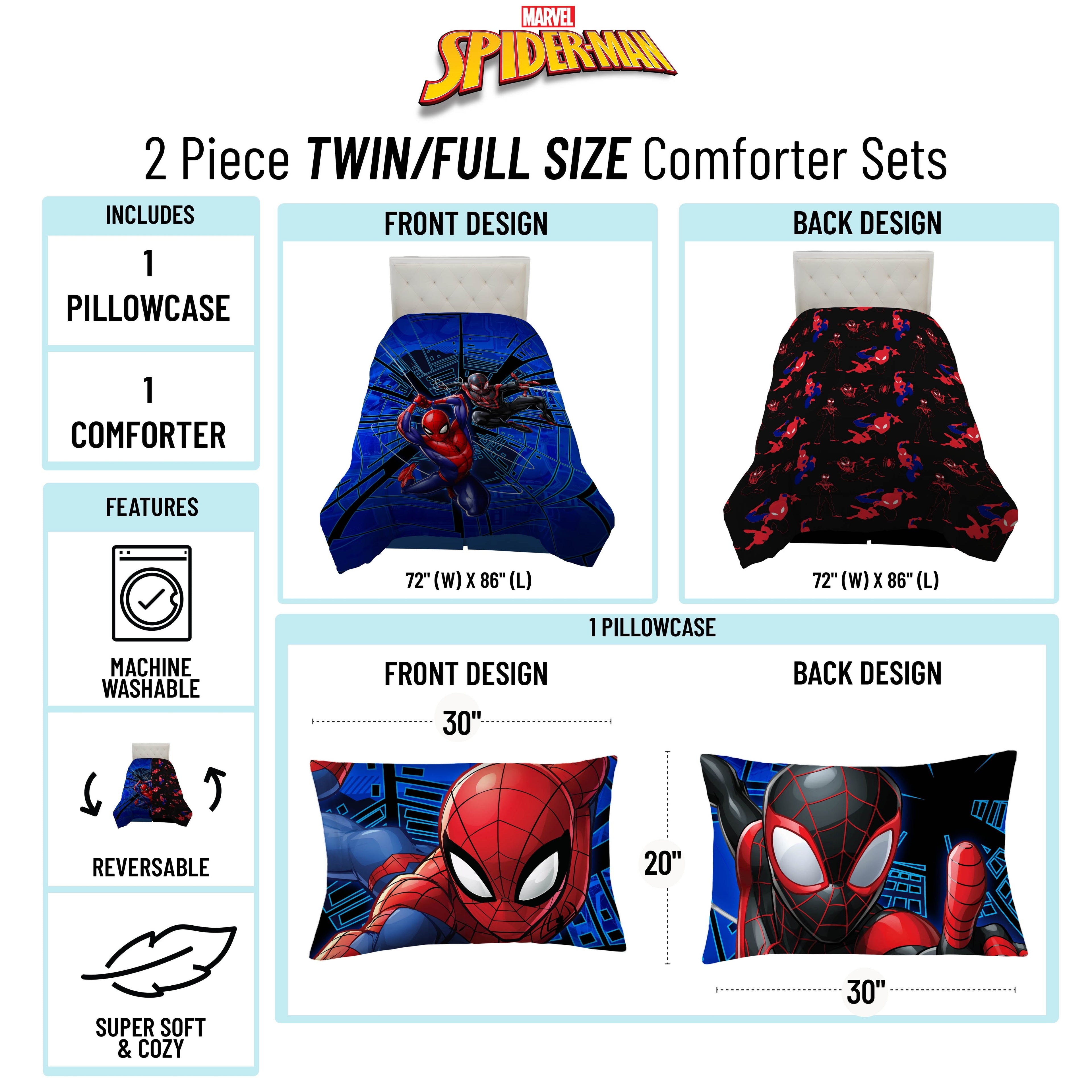 Hypoallergenic Cloud Spiderman Techno City Kids 2 Piece Blue Reversible Comforter and Pillowcase Set, Twin/Full - All-Season Down Alternative Comforter Insert Detail