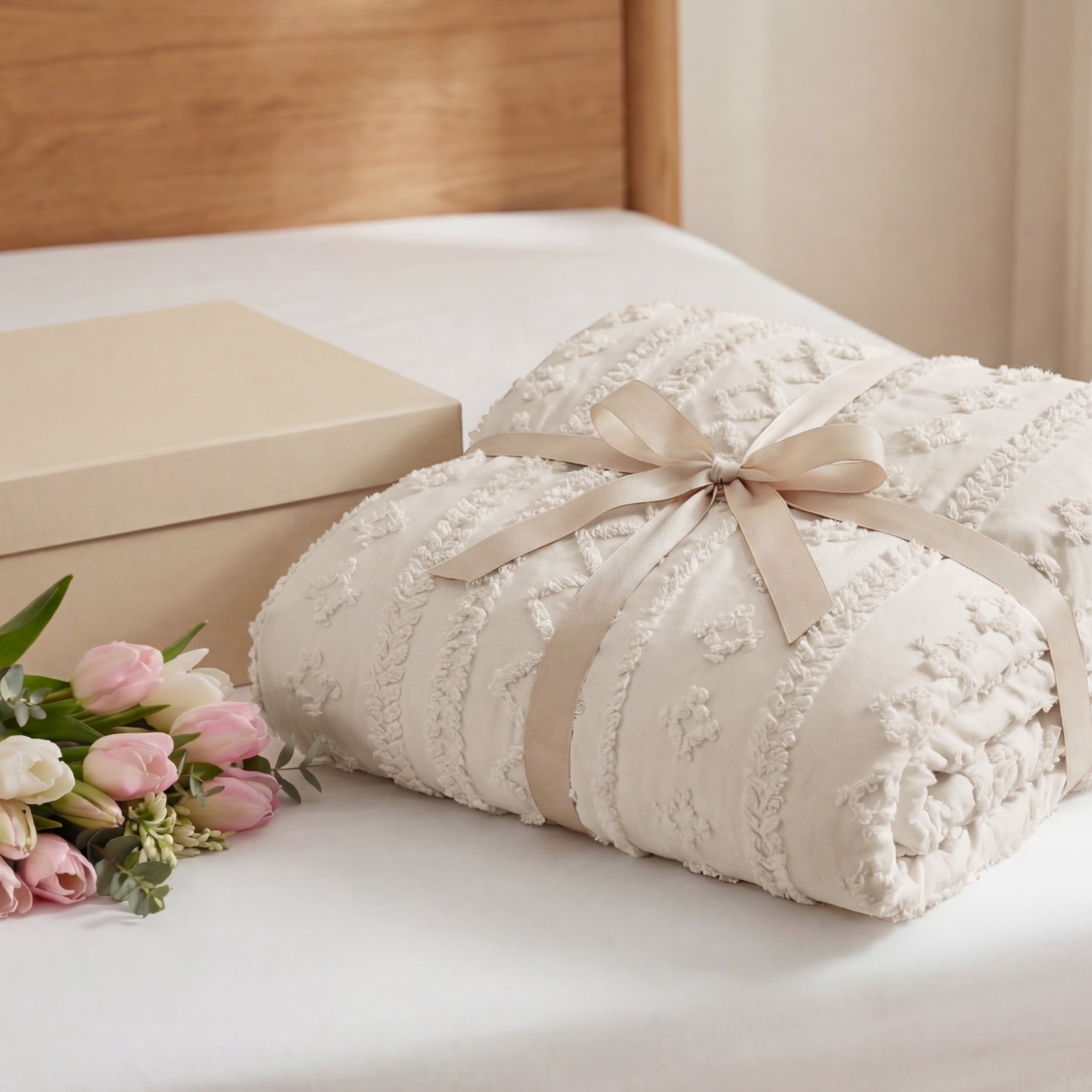 Heavyweight Warmth Tufted Boho Comforter Set Queen, Beige, 3 Pieces Farmhouse Shabby Chic Embroidery Bedding Set, Soft Jacquard Comforte... - All-Season Down Alternative Comforter Insert Detail