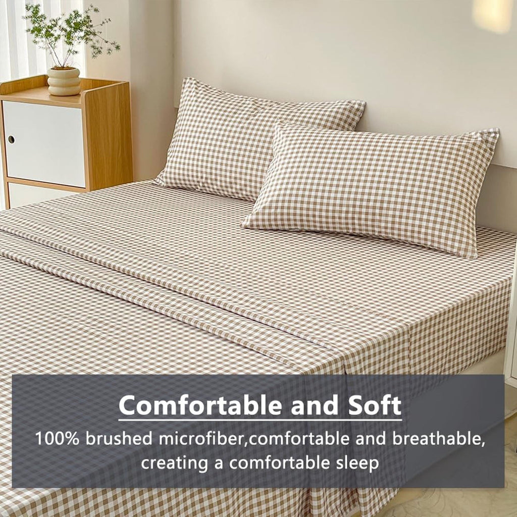 Wrinkle-Resistant Sheet Set, Soft Brushed Microfiber Taupe Plaid Sheets, 4-Piece Brown Grid Set with Deep Pocket - Breathable Egyptian Cotton Flat & Fitted Sheets Detail