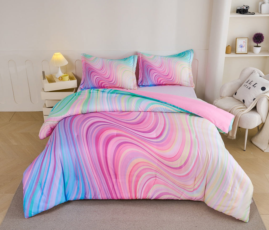 Hypoallergenic Cloud 3-Piece Abstract Tie Dye Comforter Set, Blue Pink Purple, Kids Bedding Set for Girls Full/Queen Size - Luxurious Quilted Duvet Cover Set Detail