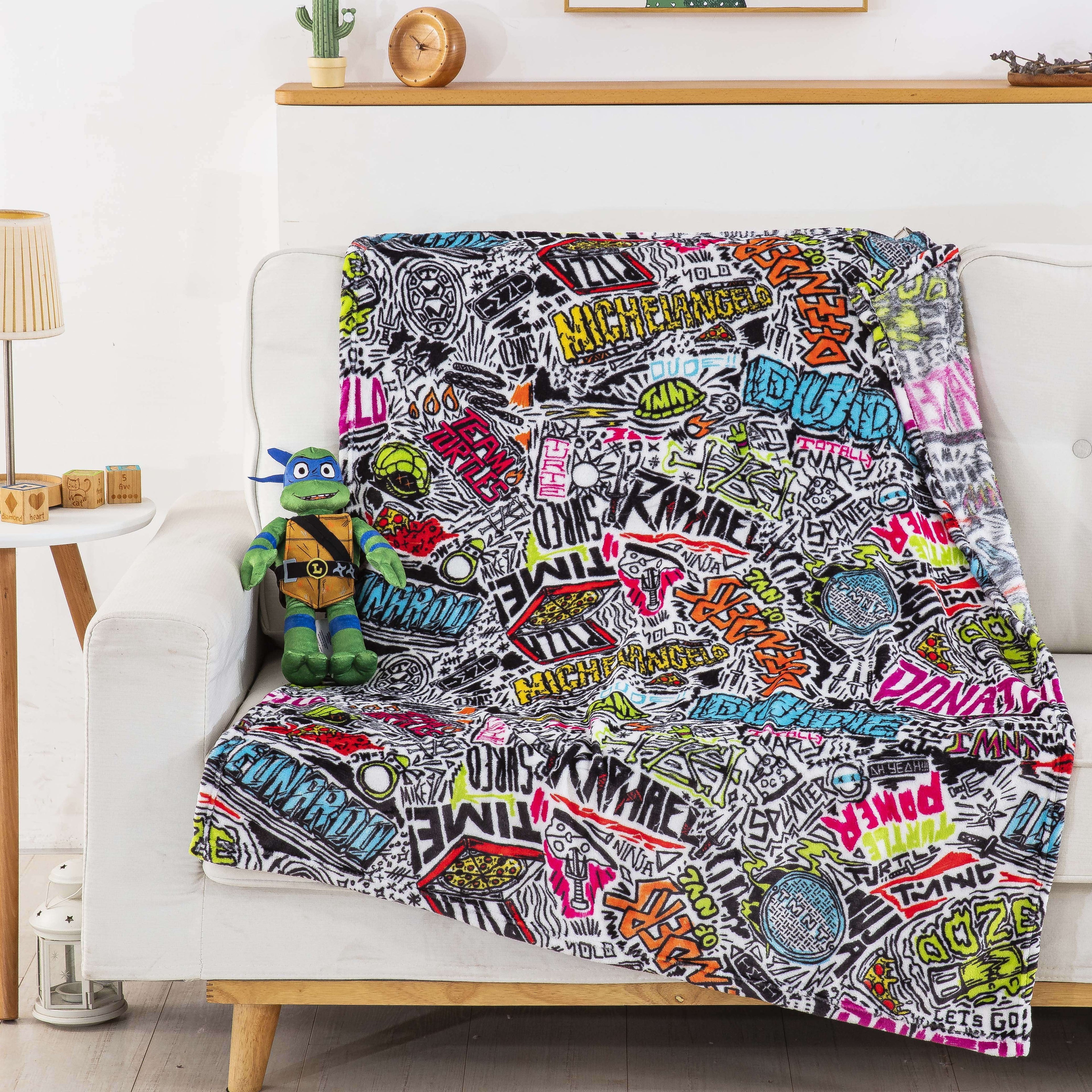 Cozy Fleece Teenage Mutant Tutles Sketched Out Kids Silk Touch Throw Blanket with Plush Hugger – Ultra Soft Plush Character Pillo... - Cozy Fleece Throw Blanket for Couch & Bed Detail