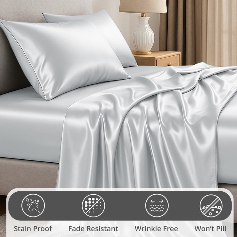 Breathable Luxury Lux Decor Luxury Satin Sheets King Size - 4 Piece Cooling Bed Sheet Set, Silky Soft & Smooth, Deep Pockets up to 15",... - Premium Ultra-Soft Pillowcase Pair for Sleeping Detail