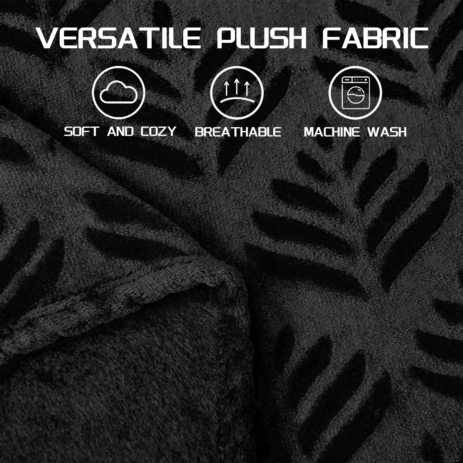 Reversible Sherpa Fleece Throw Blanket for Couch, Leaves Pattern Super Soft and Cozy Blankets, Plush Fuzzy Lightweight, Black, 50"x60" - Super Soft Reversible Sherpa Flannel Blanket Detail