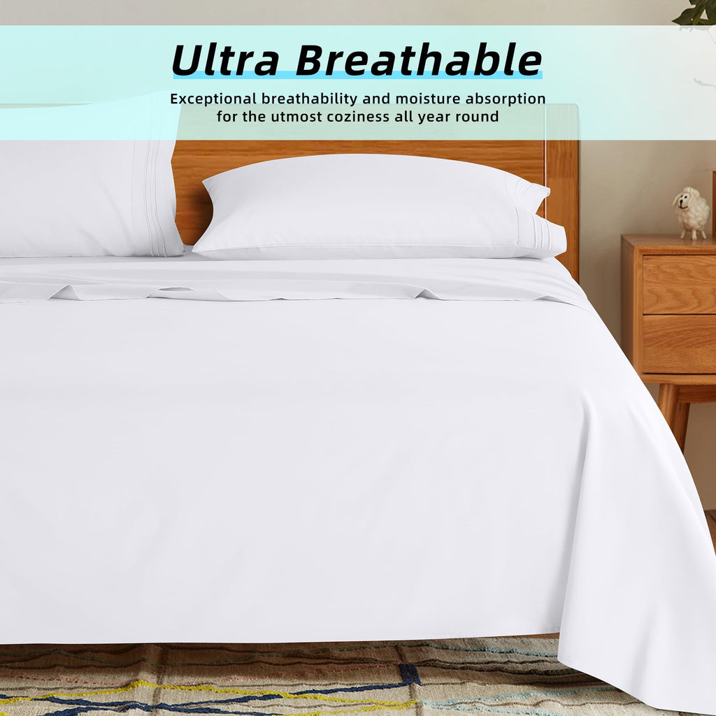 Cooling Sateen Bed Sheets Set, Microfiber Deep Pocket 4 Pieces Luxury Soft Sheet Set, Queen, White - Premium Ultra-Soft Pillowcase Pair for Sleeping Detail