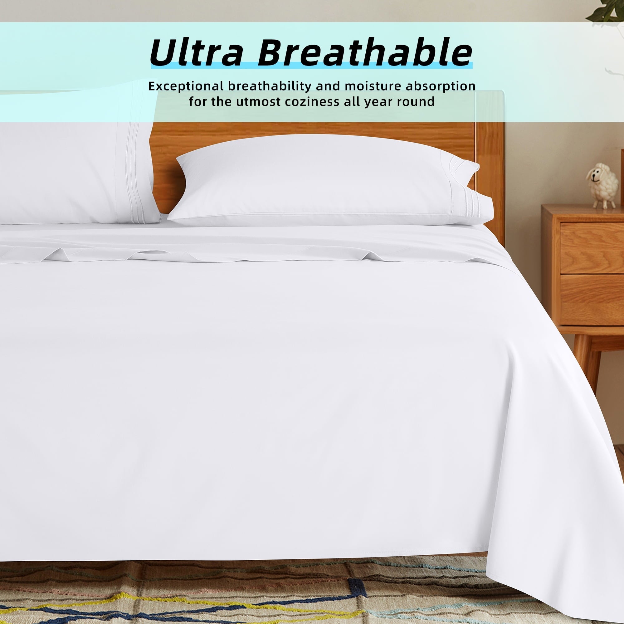 Cooling Sateen Bed Sheets Set, Microfiber Deep Pocket 4 Pieces Luxury Soft Sheet Set, Queen, White - Premium Ultra-Soft Pillowcase Pair for Sleeping Detail