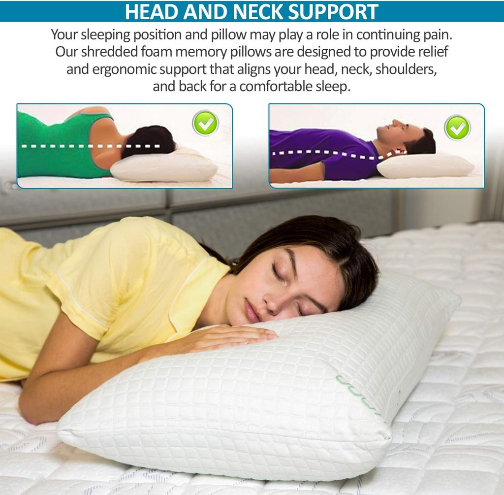 Hotel Collection Queen Size Bamboo Pillow, Memory Foam Bed Pillows with Washable Pillowcases, Queen - Hotel Quality Plush Sleeping Pillows Detail