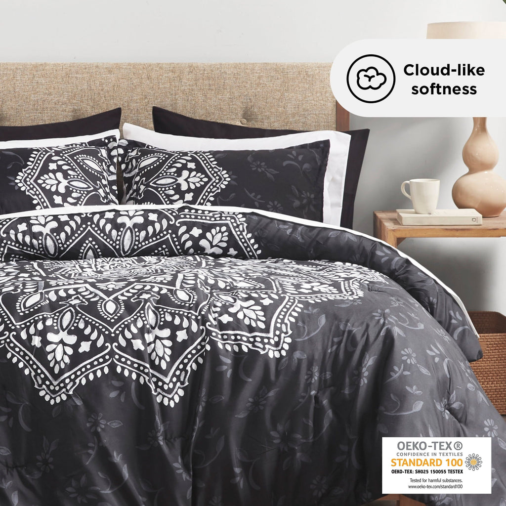 Fluffy Down Alternative Queen Comforter Set, Bedding Comforter Set Queen Size W/ Side Pockets, Black, 9 Pieces - All-Season Down Alternative Comforter Insert Detail