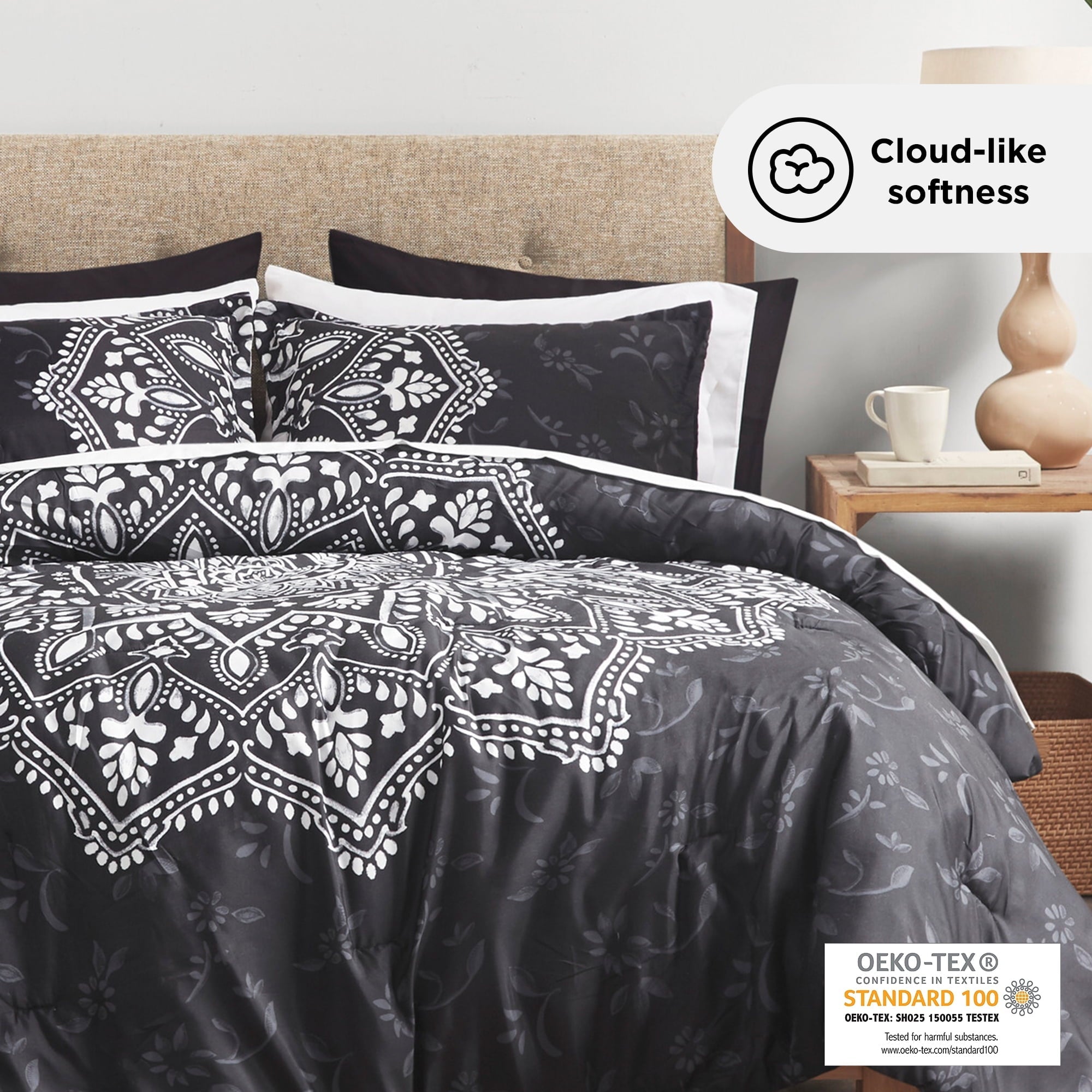 Fluffy Down Alternative Queen Comforter Set, Bedding Comforter Set Queen Size W/ Side Pockets, Black, 9 Pieces - All-Season Down Alternative Comforter Insert Detail