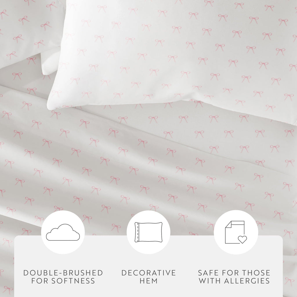 Premium Egyptian Cotton 3 Piece Ditsy Pattern Microfiber Bed Sheets, Pink Bows, Twin-XL - Premium Ultra-Soft Pillowcase Pair for Sleeping Detail