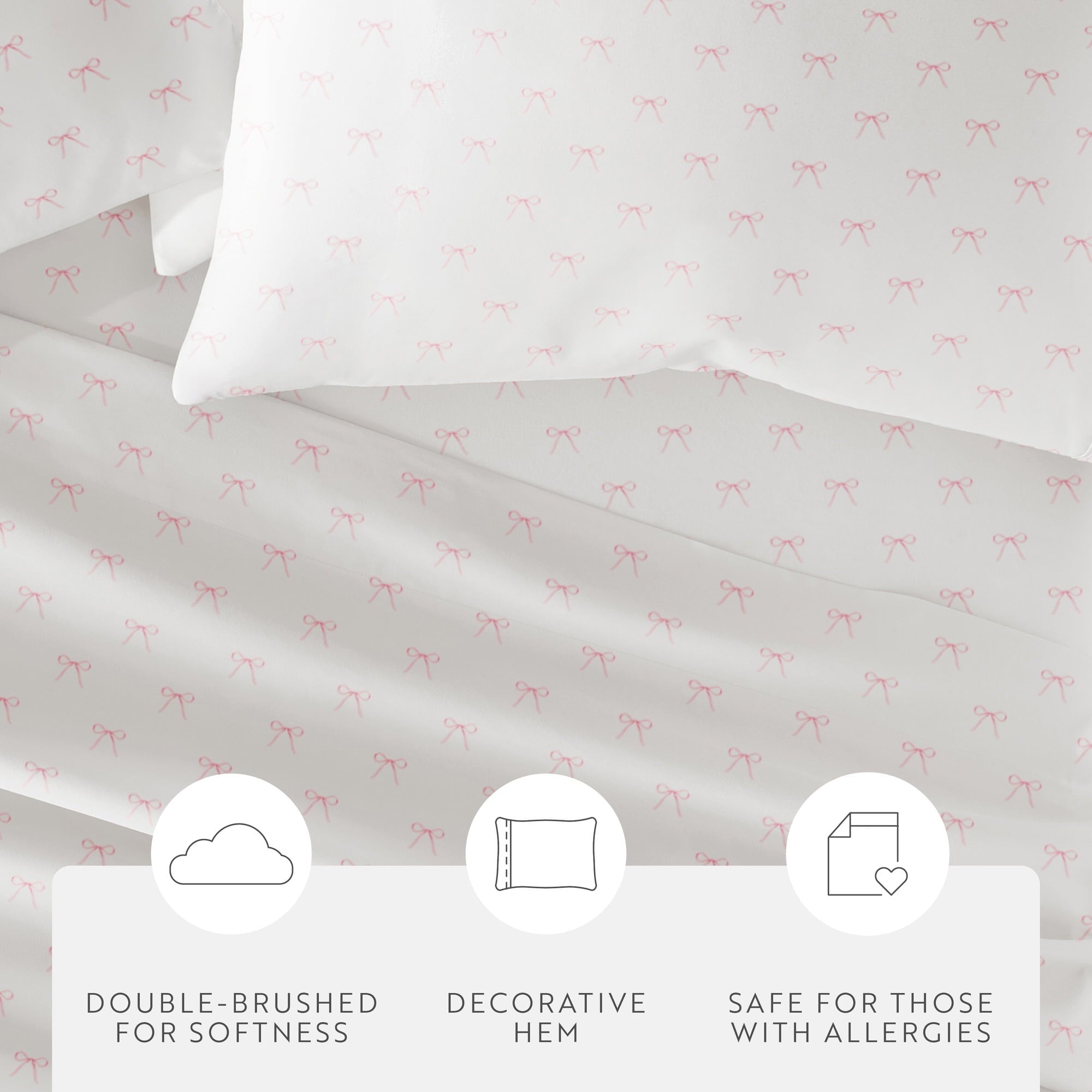 Premium Egyptian Cotton 3 Piece Ditsy Pattern Microfiber Bed Sheets, Pink Bows, Twin-XL - Premium Ultra-Soft Pillowcase Pair for Sleeping Detail