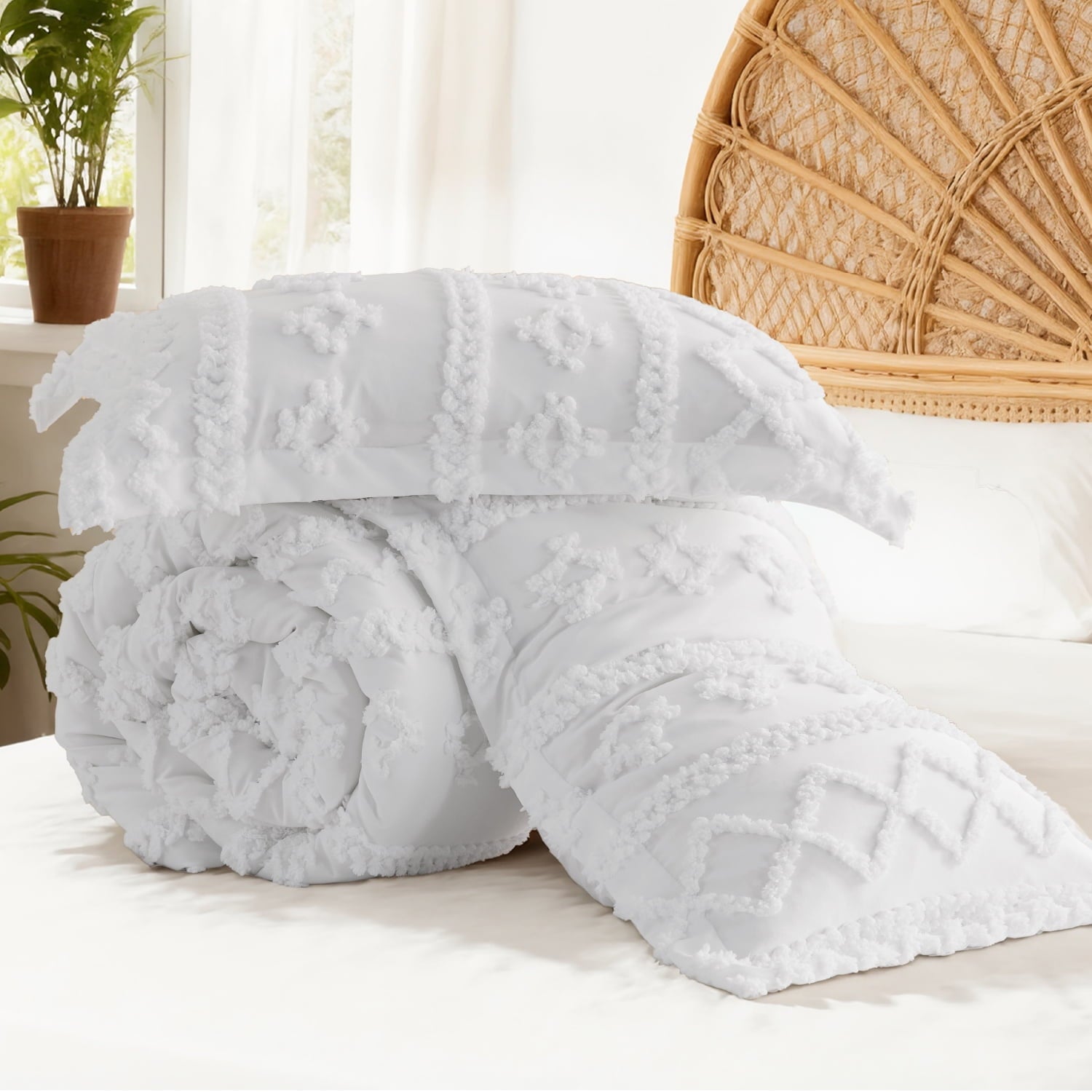 Luxurious Quilted Tufted Boho Comforter Set, 2 Pieces Farmhouse Shabby Chic Embroidery Bed Set, Soft Jacquard Comforter for All Seasons... - All-Season Down Alternative Comforter Insert Detail