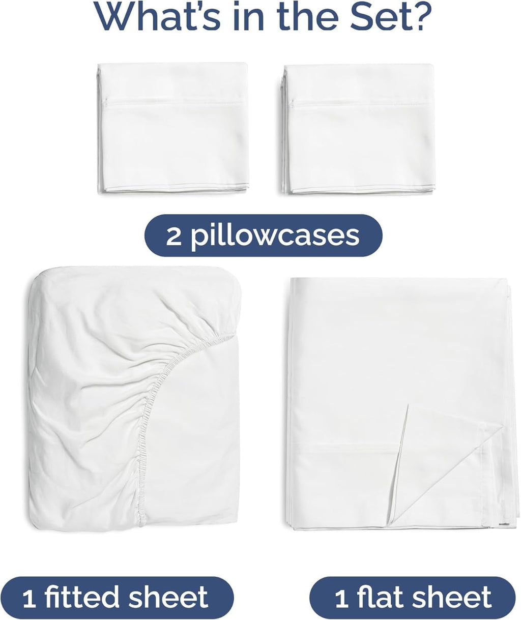 Cooling Sateen 4-Piece Luxury Bamboo Cooling Sheet Set - Queen Size 100% Bamboo Derived Rayon Premium Bed Sheets, White - Luxury Bed Sheet Set with Deep Pockets Detail