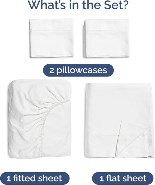 Cooling Sateen 4-Piece Luxury Bamboo Cooling Sheet Set - Queen Size 100% Bamboo Derived Rayon Premium Bed Sheets, White - Luxury Bed Sheet Set with Deep Pockets Detail