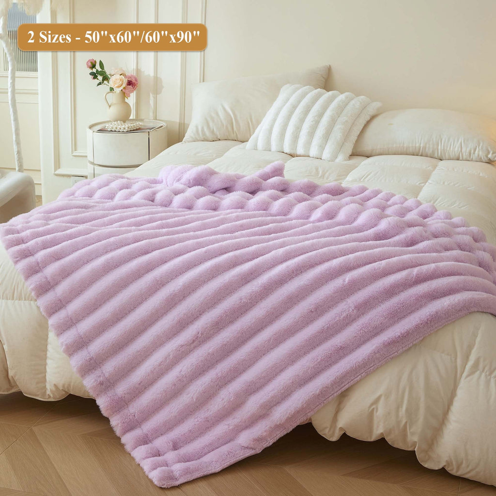 Cozy Fleece Fluffy Faux Rabbit Fur Throw, Cozy Wide Stripe Plush Fuzzy Blanket for Bed Couch Sofa Chair, Light Purple Shaggy Thro... - Super Soft Reversible Sherpa Flannel Blanket Detail