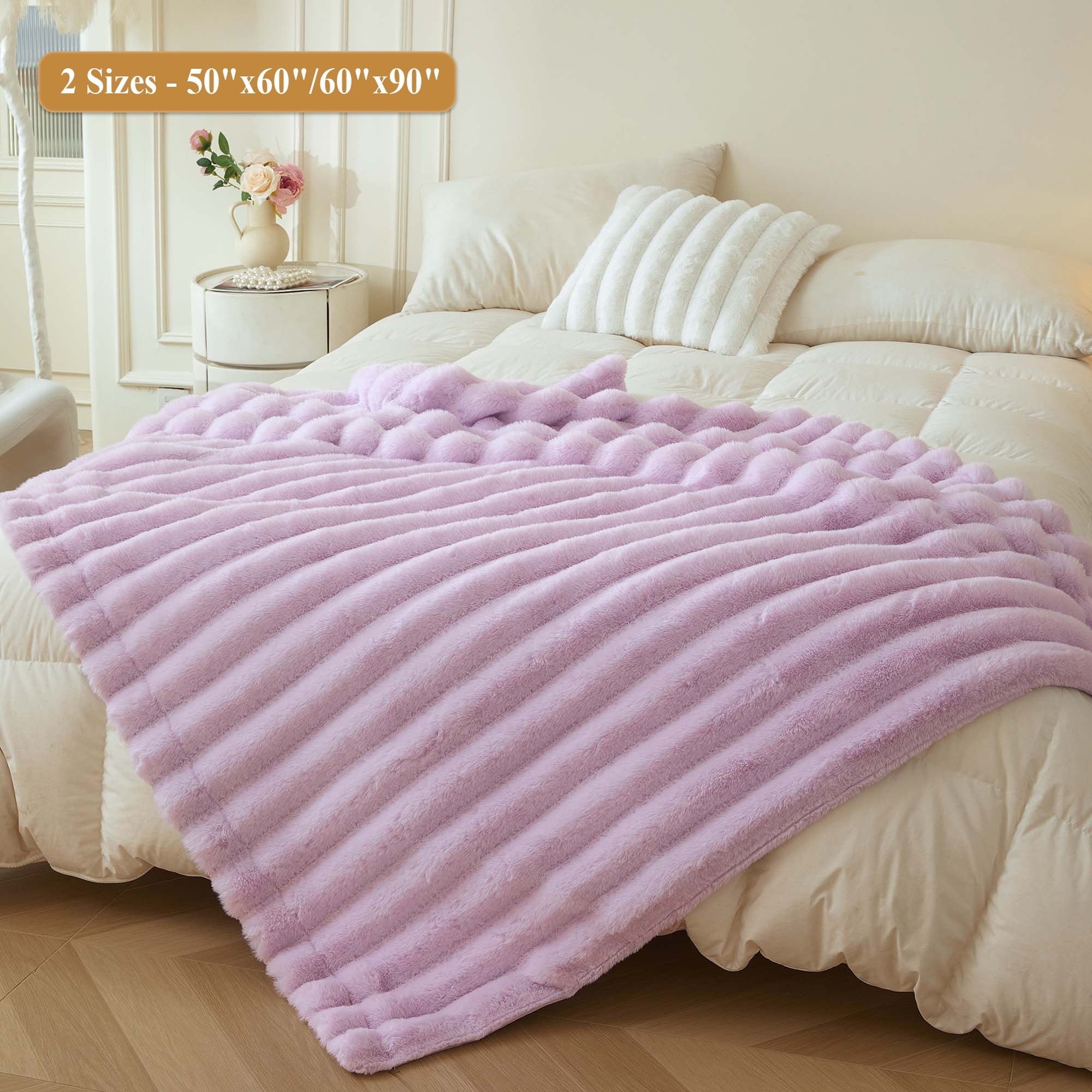 Cozy Fleece Fluffy Faux Rabbit Fur Throw, Cozy Wide Stripe Plush Fuzzy Blanket for Bed Couch Sofa Chair, Light Purple Shaggy Thro... - Super Soft Reversible Sherpa Flannel Blanket Detail