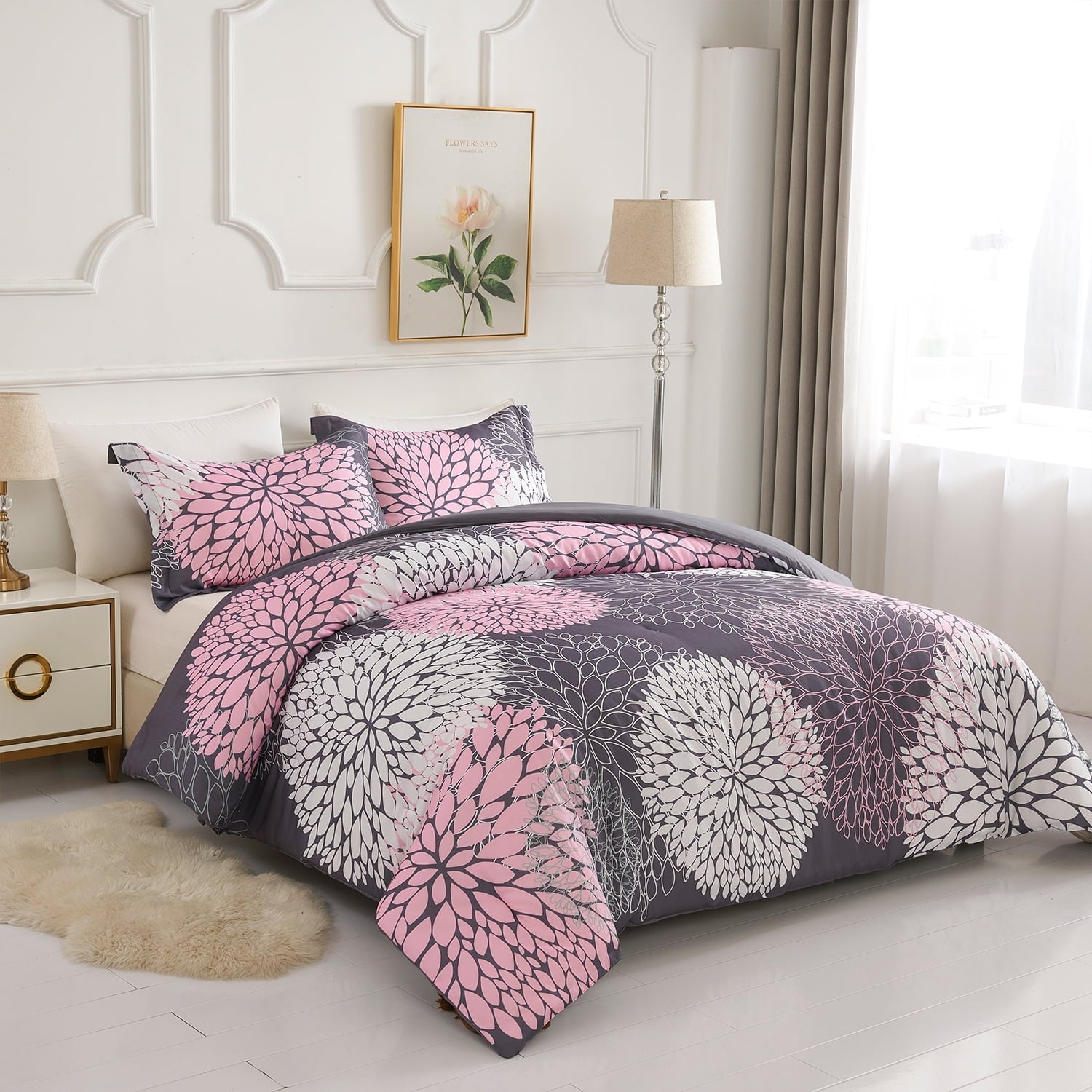 Fluffy Down Alternative 2 Pieces Pink Floral Comforter Set Twin Size, Botanical Bedding Sets with Cute Flowers Printing for Teen Girls - All-Season Down Alternative Comforter Insert Detail