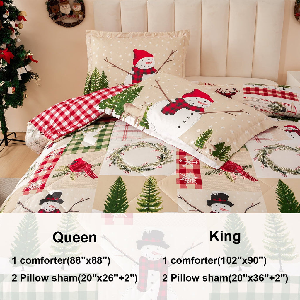 Hypoallergenic Cloud 3 Pcs Christmas Comforter Set, Bed in a Bag Wreath Snowman Queen/Full Size Xmas Bedding Set Fitted Pillowcases for Adult - Hypoallergenic Ultra-Fluffy Quilt for Winter Detail