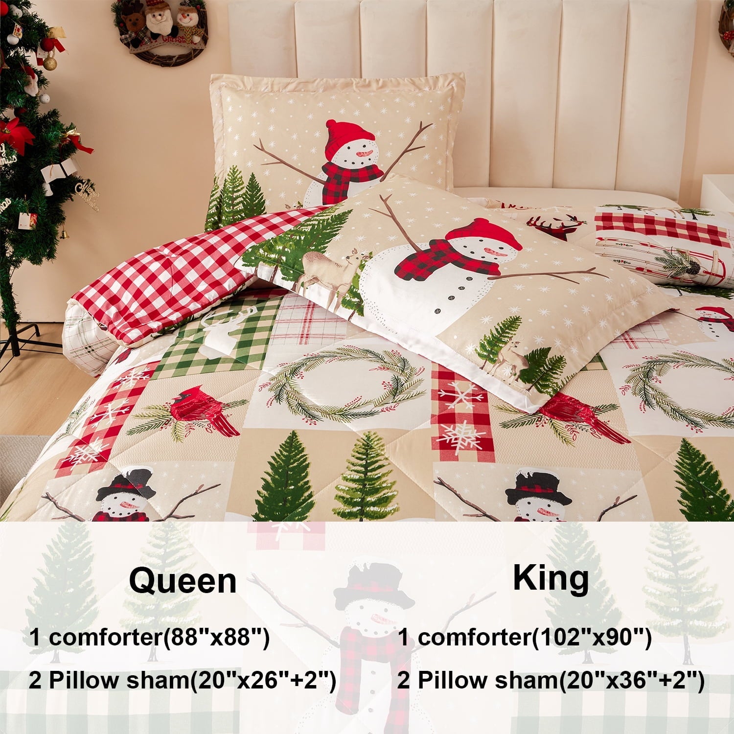 Hypoallergenic Cloud 3 Pcs Christmas Comforter Set, Bed in a Bag Wreath Snowman Queen/Full Size Xmas Bedding Set Fitted Pillowcases for Adult - Hypoallergenic Ultra-Fluffy Quilt for Winter Detail