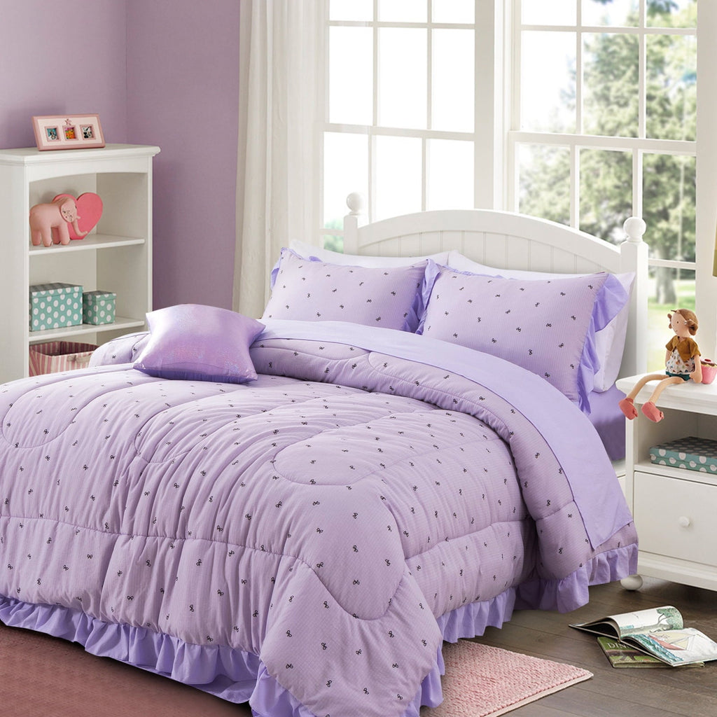 All-Season 6 Piece Delicate Bows Purple Bedding Set Ruffle Princess Style Comforter Set Bed in a Bag - All-Season Down Alternative Comforter Insert Detail