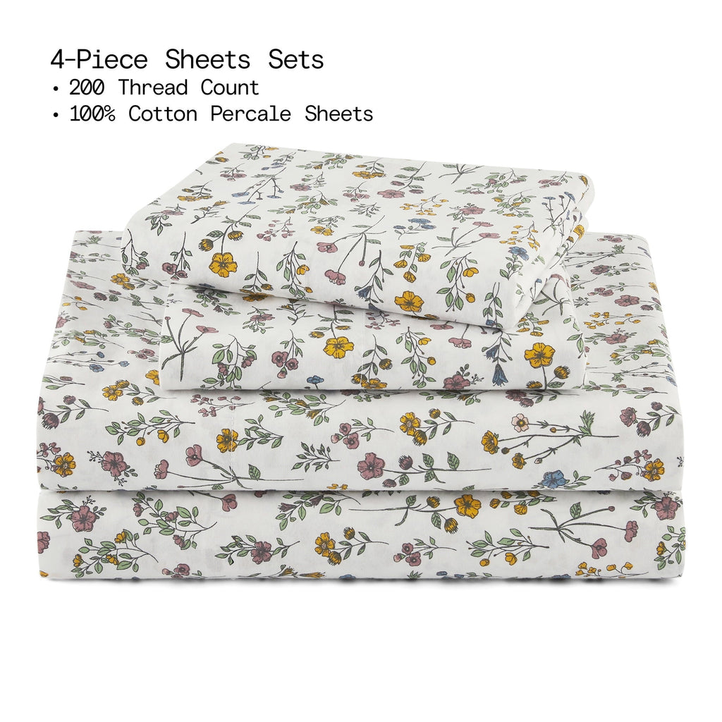 Breathable Luxury Botanical 4-Piece 100% Cotton Washed Percale White Sheet Set, Queen - Breathable Egyptian Cotton Flat & Fitted Sheets Detail
