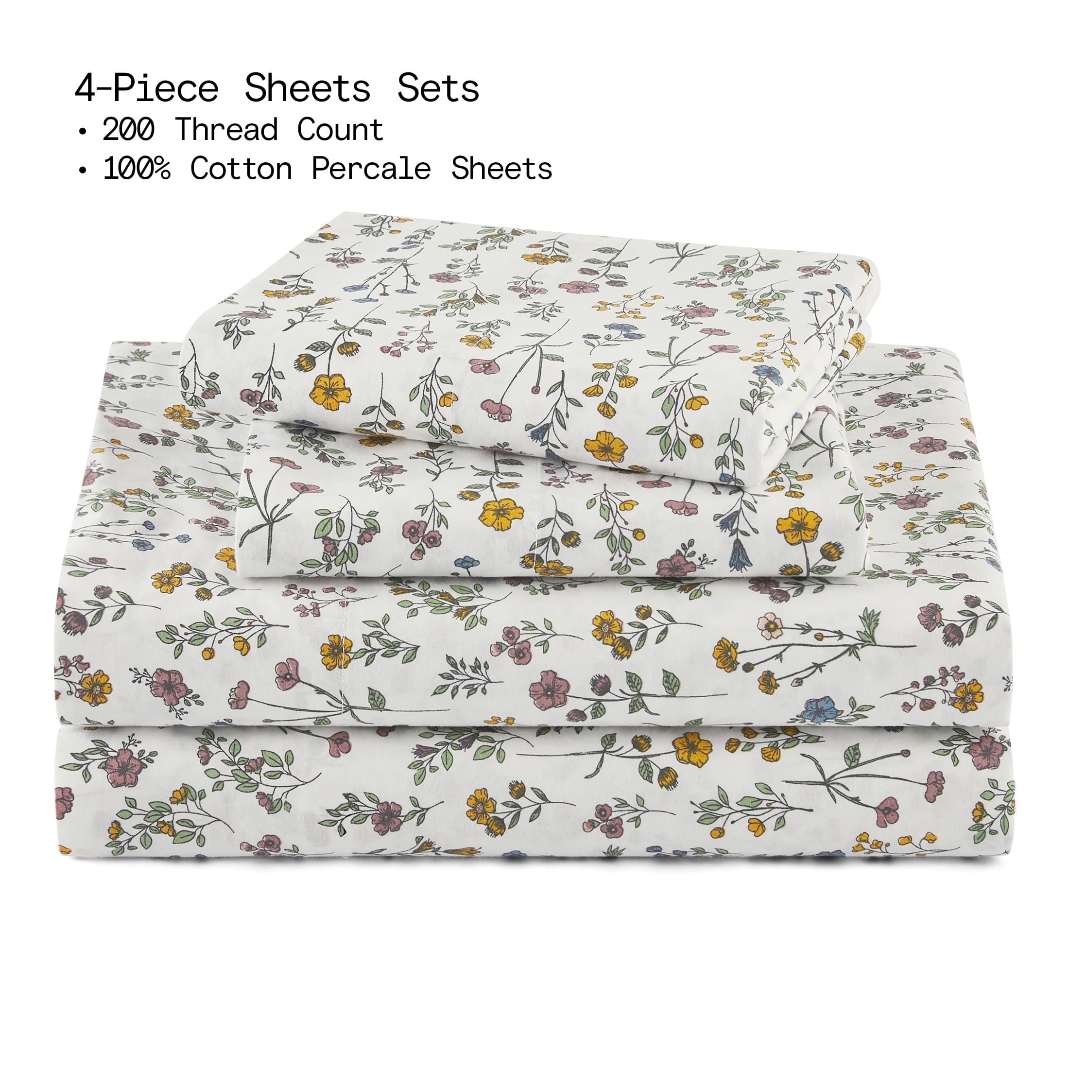 Breathable Luxury Botanical 4-Piece 100% Cotton Washed Percale White Sheet Set, Queen - Breathable Egyptian Cotton Flat & Fitted Sheets Detail