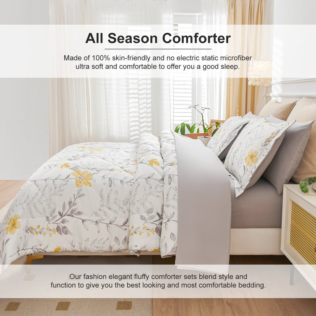 Heavyweight Warmth 3 Piece Comforter Set Queen Yellow Floral Quilt Microfiber Patchwork Bedspread - Luxurious Quilted Duvet Cover Set Detail